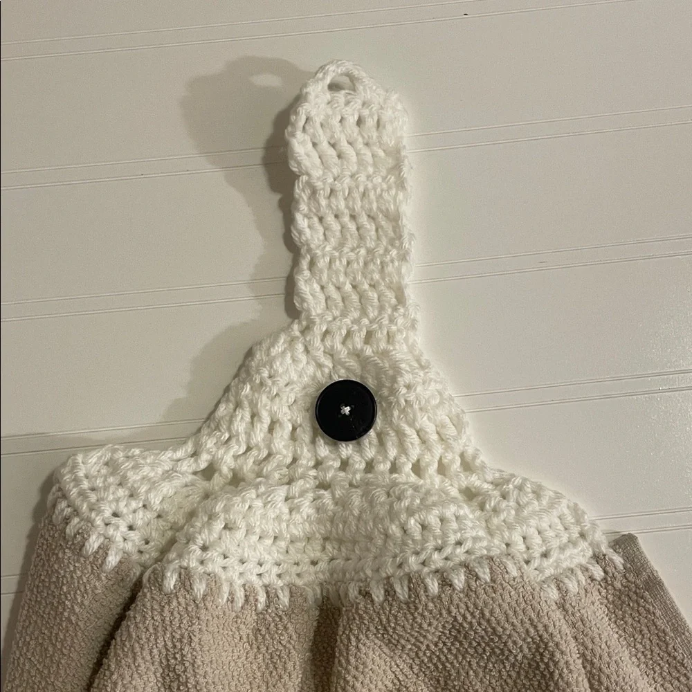 New Hanging Hand Towel Crocheted Top Kitchen Towel Tan Button Closure